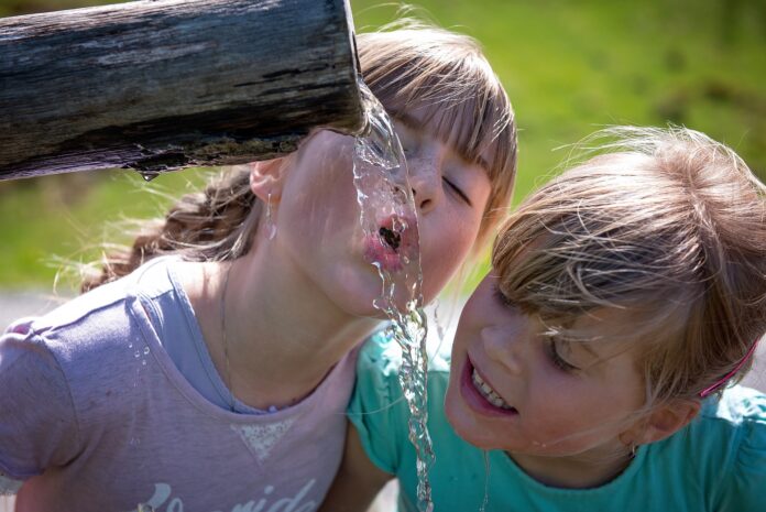 Lombardia, nella foto due bambini bevono acqua potabile che scende da un tronchetto cavo di legno. La bambina ha i capelli raccolti e indossa una t shirt lilla, il bambino è buondo e indossa una t shirt verde