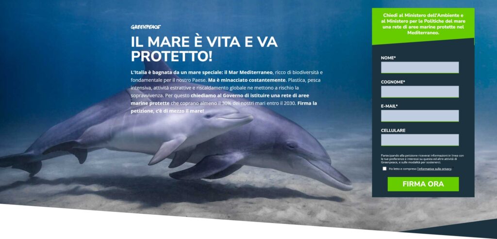 gli attori di mare fuori con greenpeace per il mediterraneo - un delfino che nuota sul pelo del fondale del mare e affianco il format per la petizione