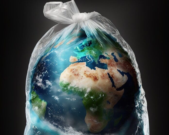 TRattato globale sulla plastica - un sacco trasparente della spazzatura con dentro il globo terrestre