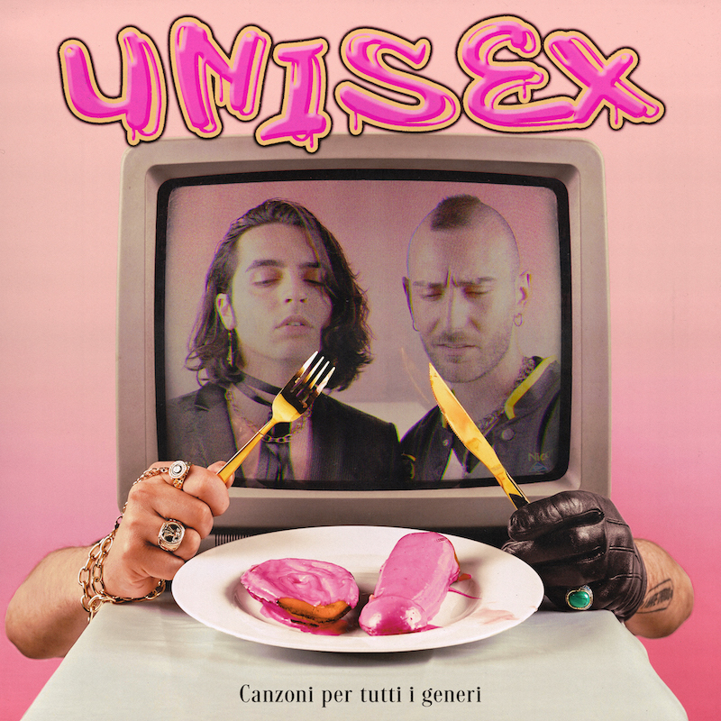 unisex - la copertina del nuov ep di lacray che raffigura il duo all'interno di un vecchio televisore, dal quale escono due braccia che tengono nelle mani delle posate sopra un iatto