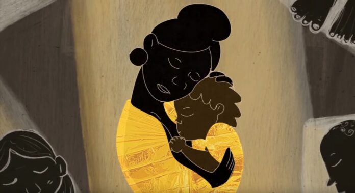 madre - il disegno di una madre di colore con un bambino in braccio avvolti in un tessuto giallo