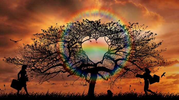 Diverso Orietta Berti - nella foto un enorme albero nero con rami lunghissimi è illuminato da un sole con i colori dell'arcobaleno che al centro dell'albero formano un cuore. Da sini stra e da da destra arrivano correndo due sagome nere di donna con la valigia in mano