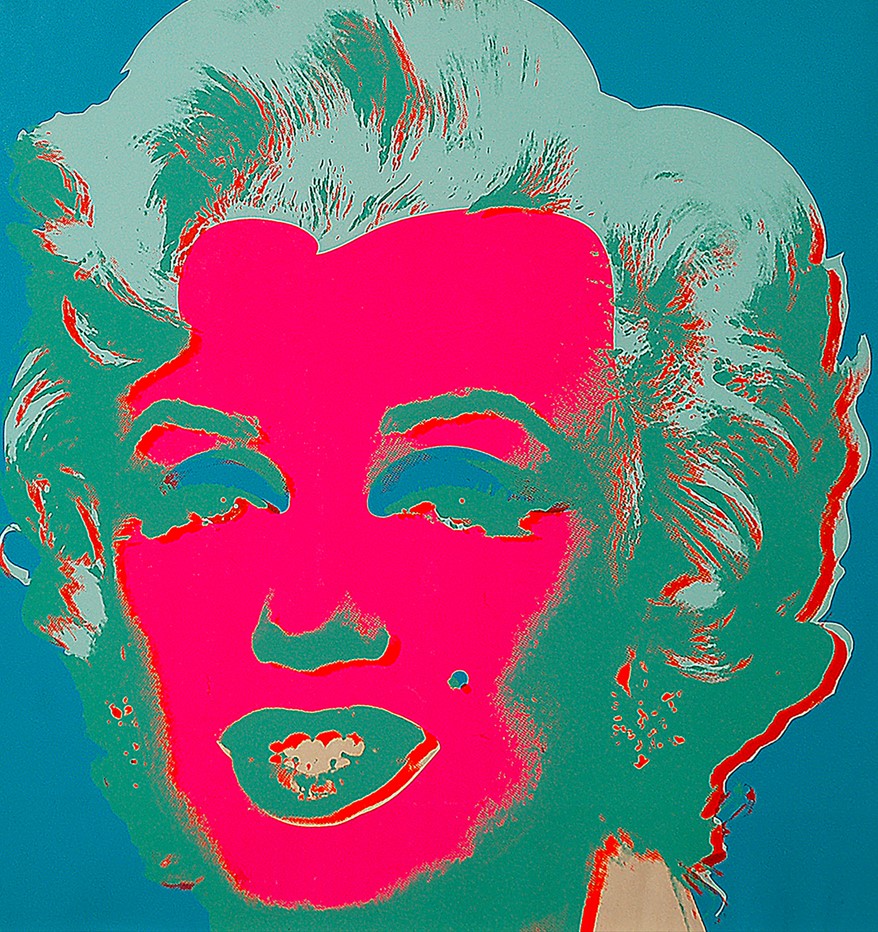 la testa di marilyin monroe prodotta da andy warhol con colori psichedelici