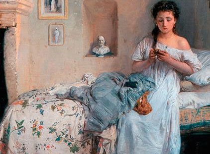 Falconera fabio ceraulo - copertina del libro con un dipinto ottocentesco che raffigura una ragazza adoscente con una camica da notte lunga bianca, seduta sul suo letto coperti da un copriletto di stoffa bianca con fiori rosa e foglie gverdi. La stanza ha dei quadri religiosi alle pareti e una nicchia con un busto