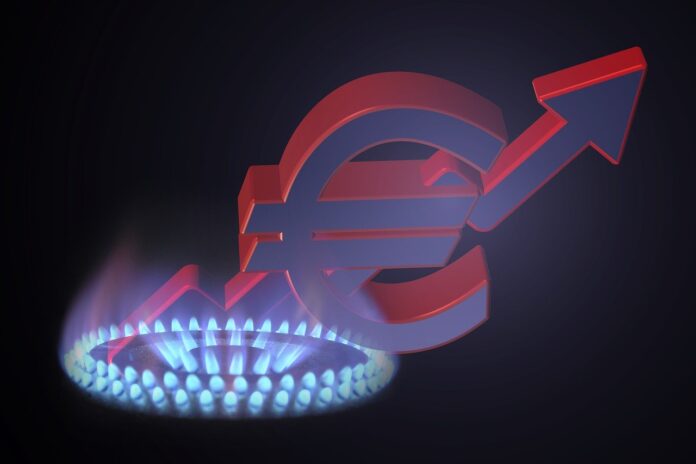 la fiamma di un fornello a gas e di fianco il simbolo dell'euro rosso, con un afreccia che va verso l'alto