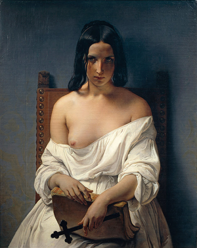 ritratto di donna seduta con tunica bianca e seno destro scoperto