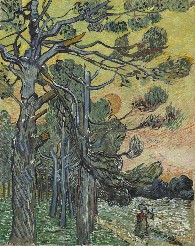 opera di Van Gogh con albero ed donna sui campi 