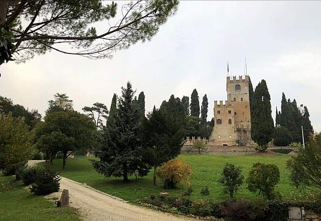 il castello di conegliano sulle colline del Prosecco su un altura con parco sottostante cielo grigio bandiere sui pennoni della torre