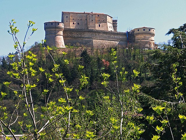 fortezza di San Leo tra i borghi èiù belli d'Italia vista su una rocca attraverso rami di pino
