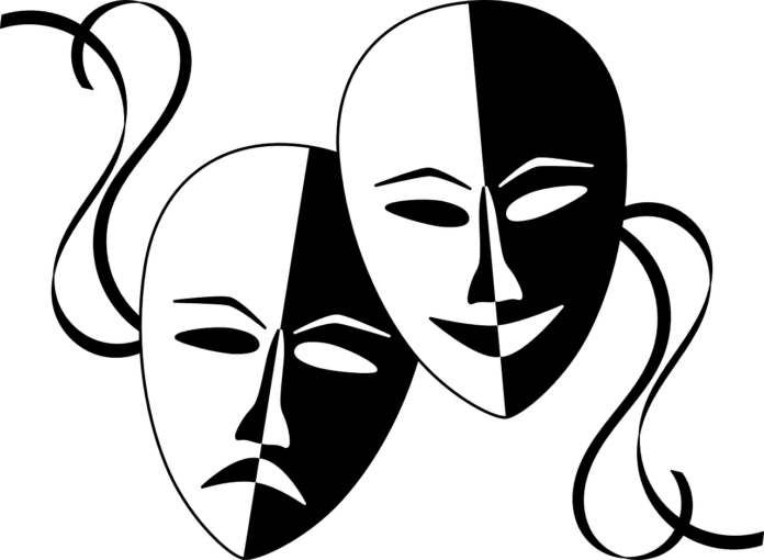 storia del teatro - due maschere mezze bianche e mezze nere, una sorride, l'altra piange