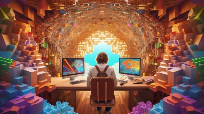 Arte Generata dall'IA Copyright - un uomo è seduto di schiena davanti una scirvania con due monitor davanti su cui ci sono due opere d'arte. La stanza è in realtà virtuale e sembra una caverna, un tunnel, con tanti colori, quadrati, libri.