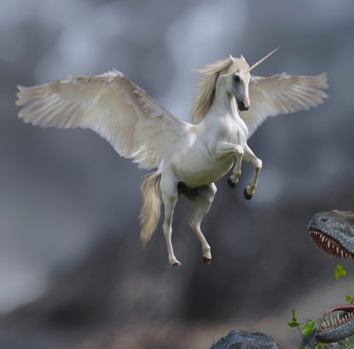 animali mitologici - nella foto un unicorno bianco con le ali spiegate e un corno sulla fronte