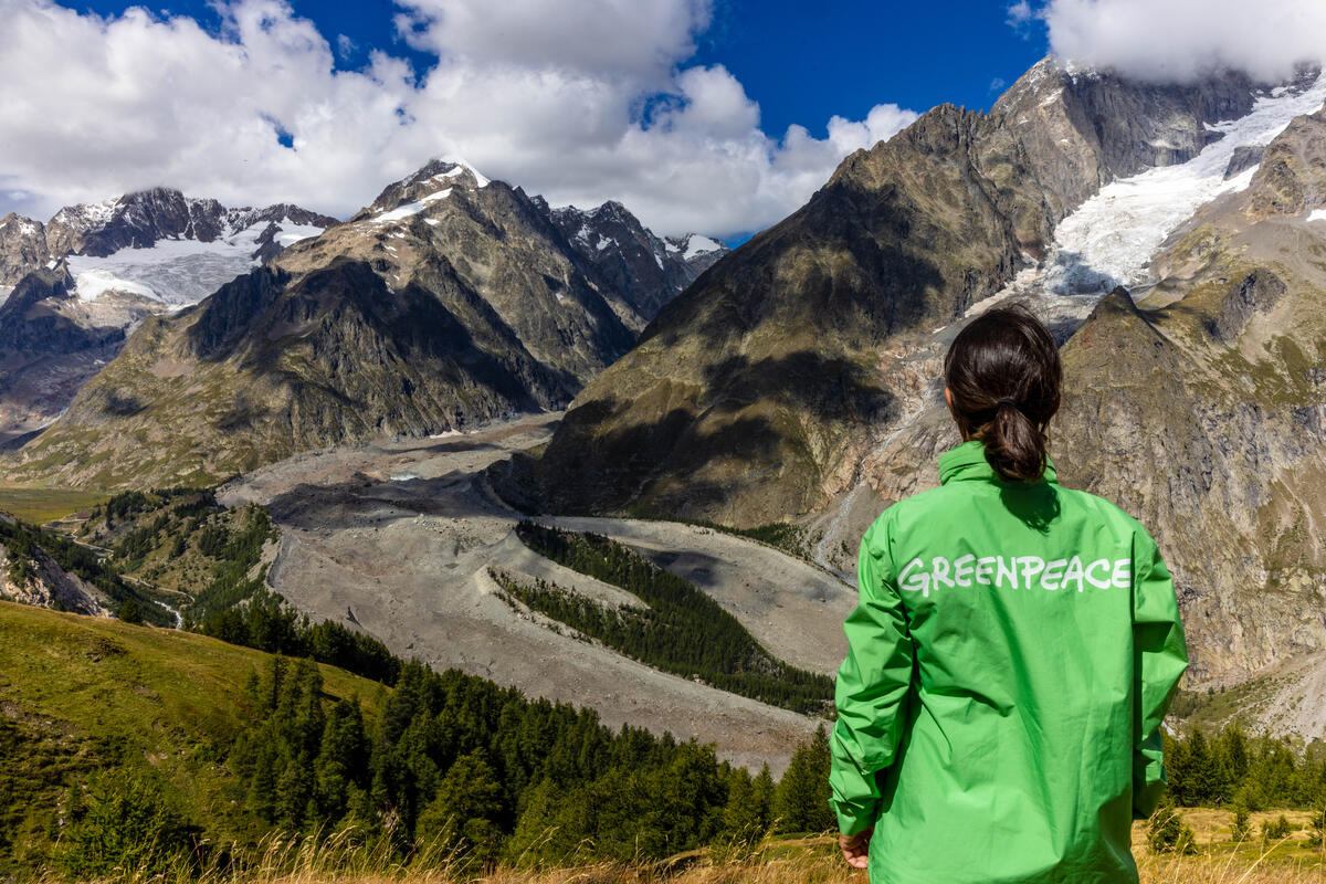 una donna indossa un giubbotto verde con la scritta 2greenpeace", è di schiena e guarda la montagna
