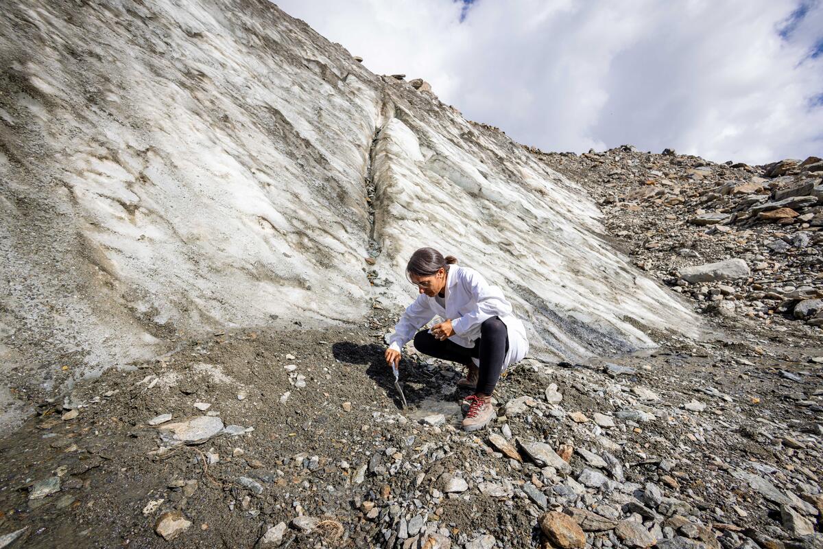 una donna sta raccogliendo dei campioni di terreno ai piedi della cima del monte dove c'è il ghiacciaio