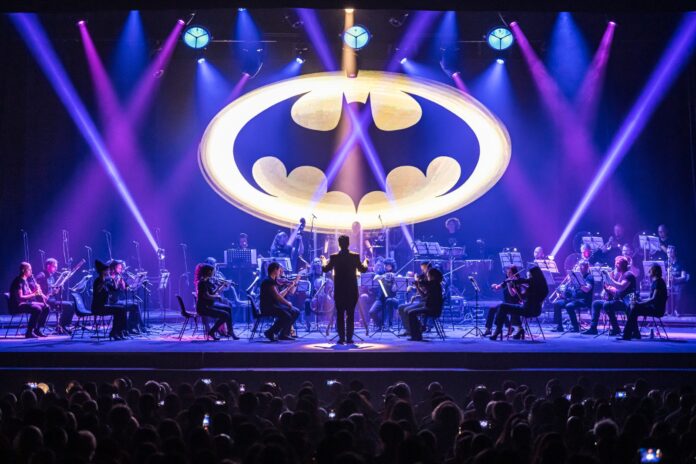 the music of hans zimmer - l'orchestra di kiev sul palco con il logo di batman sullo sfondo