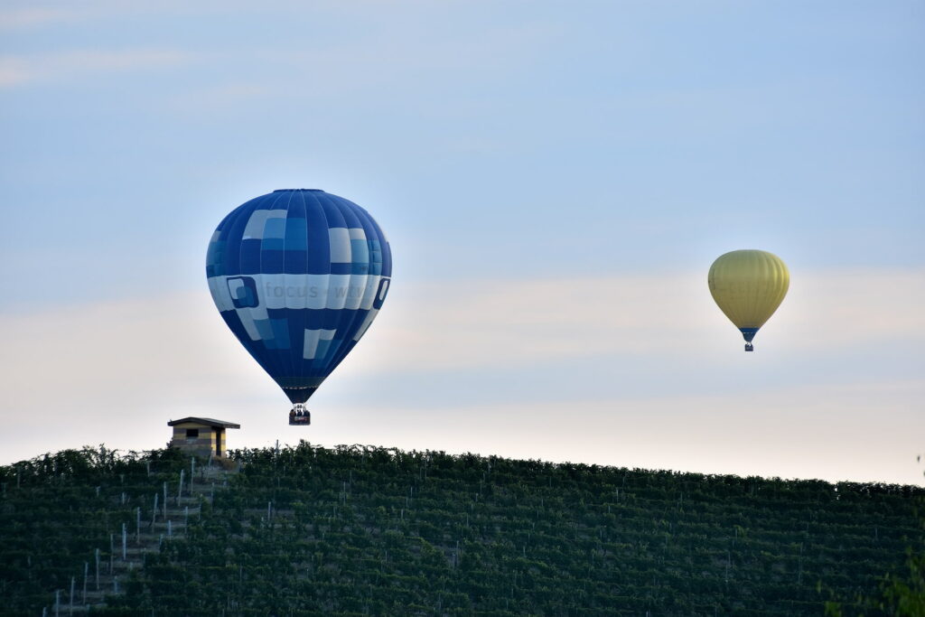 mongolfiere zzurra e gialla sui vigneti delle langhe