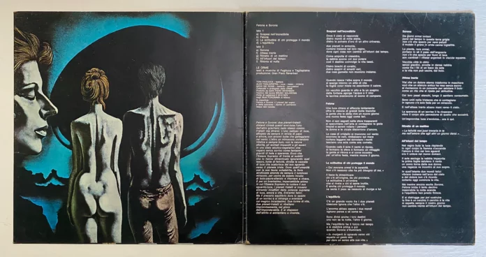 le orme - la copertina interna dell'album Felona e Sorona, che raffigura il disegno di un uomo e una donna, nudi, di spalle. nella parte desta, i testi delle canzoni