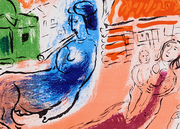 marc chagall - un'opera rappresentante una donna colorata di blu che fuma e una colorata di rosso . Entrambi sono nude