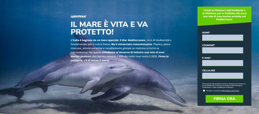mari in pericolo - lo screenshot della petizione con un delfino immerso nel mare e i dettagli per sottoscrivere la petizione