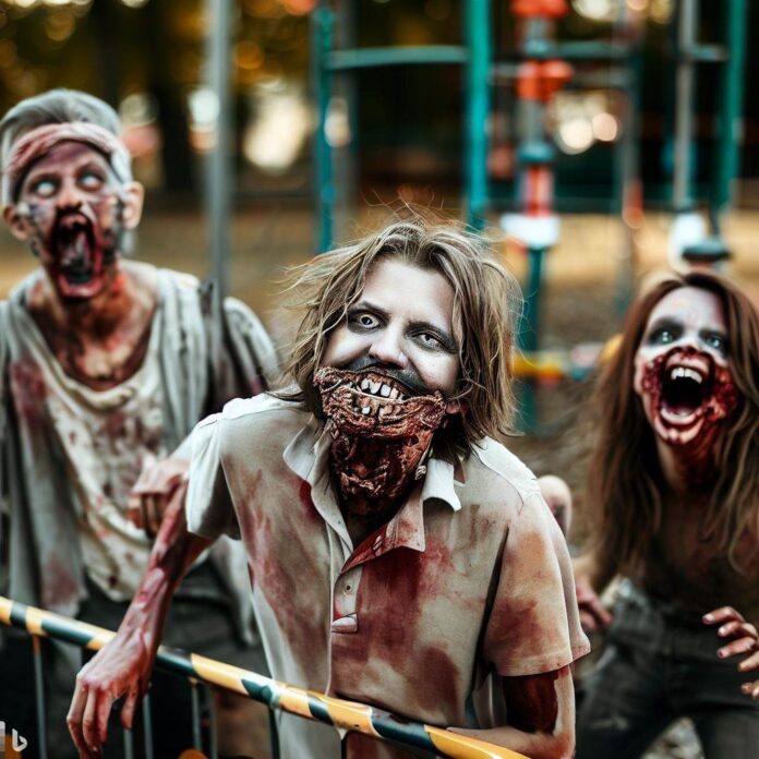 zombie con la faccia orribile deturpata e da cui cola sangue