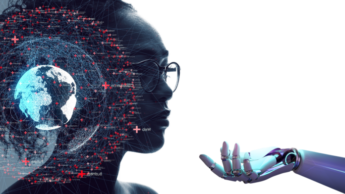 Professionisti Intelligenza artificiale IA - nella foto una donna in ombra con capelli neri e tra i capelli la grafica del digitale e un mappamondo e davanti a lei una mano di un robot