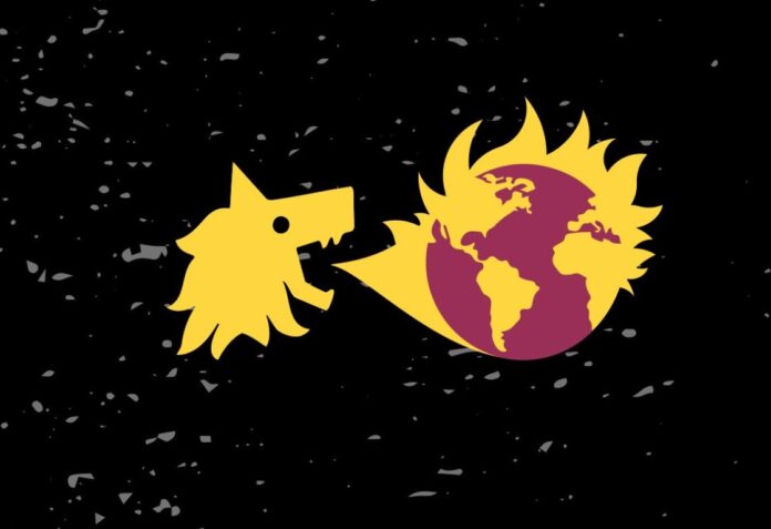 Impatti distruttivi sul clima Eni Sapeva - sul sfondo nero il disegno della testa di un cane giallo sputa fuoco giallo e incendia il pianeta Terra di colore rosso