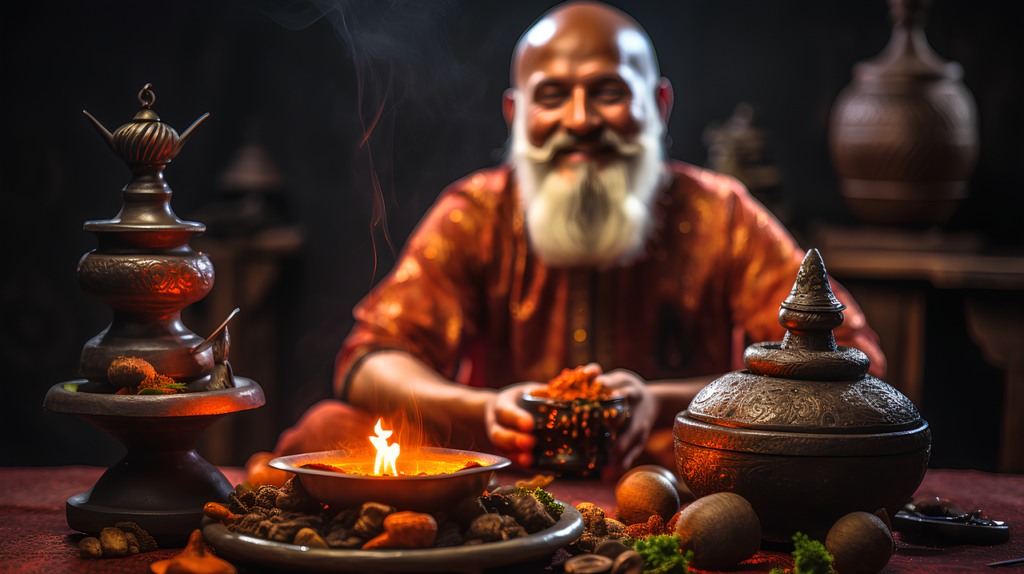 un guaritore indiano dedito all'ayurveda con varie essenze e spezie