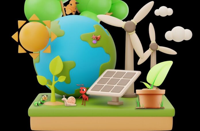 un disegno con un mondo, dietro un albero e un uccellino, vicino, una pala eolica e sotto un prato con vasi con piante e pannelli solari