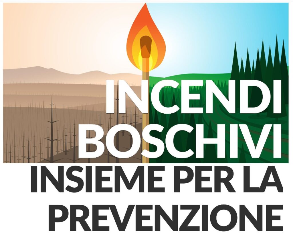 incendi boschivi .- la locandina con disegnato al centro un fiammifero e da una parte del foglio un paesaggio bruciato e dall'altro un paesaggio verde di vegetazione