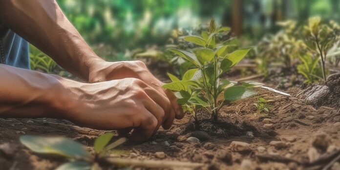 World Food Forum - le mani di un uomo in primo piano stanno curando la terra intorno a una piantina verde