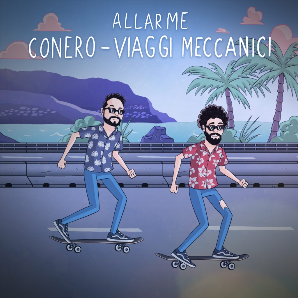 allarme - la copertina del nuovo singolo che raffigura il disegno dei due componenti il duo, intenti a cavalcare uno sketeboard