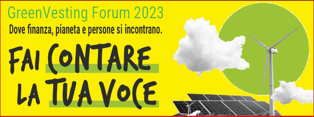 Finanza e ambiente - la locandina del GReenVesting Forum, sfondo giallo, scritte grige e sulla destrauna nuvola vicino a un sole verde con sotto una pala eolica e un edificio con tanti pannelli fotovoltaici sul tetto