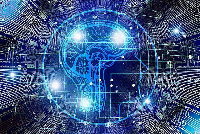 una testa umana con reti neuronali vista in sezione di profilo con elementi di reti web intorno su fondo