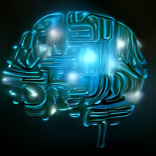 un cervello creato da un algroritmo Ai con fondo nero e blu turchese elettrico