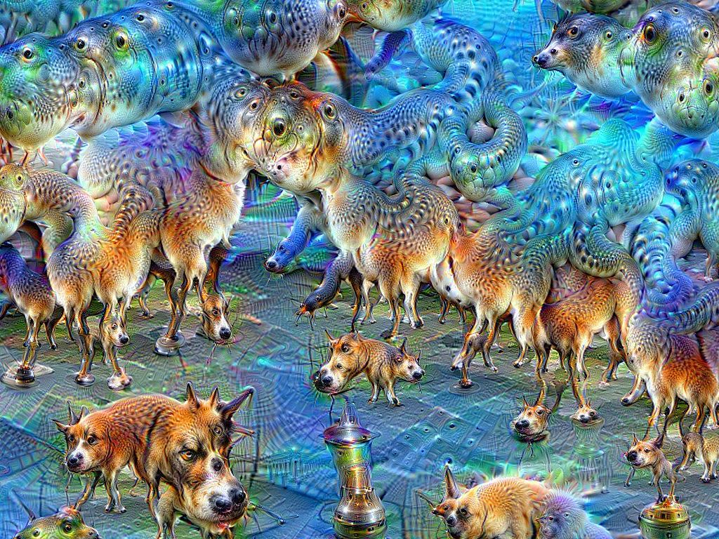 immagine creata da deepdream con cani e colori psichedelici