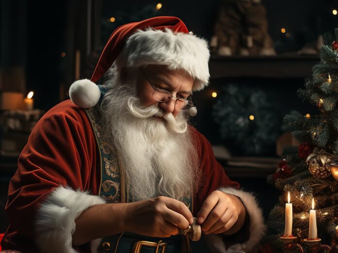 a CHRISTMAS MAGIC - Nella foto Babbo Natale con lunga barba bianca, cappello rosso con ponpon bianco e lunghi baffi sta montando un giocattolo