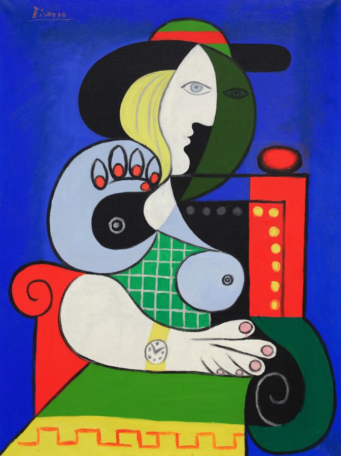 il quadro di picasso donna con orologio fondo blu cappello nero capelli biondi