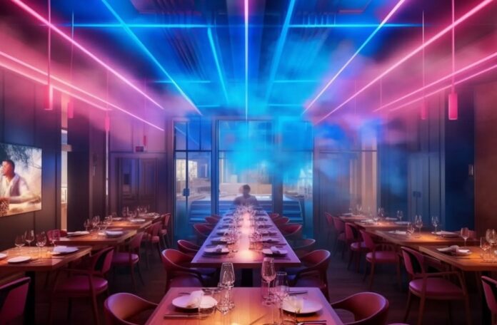 Cucina futuristica Luminary al Rafi North Sydney - una sala da pranzo del ristorante con illuminazione suggestiva viola e azzurra