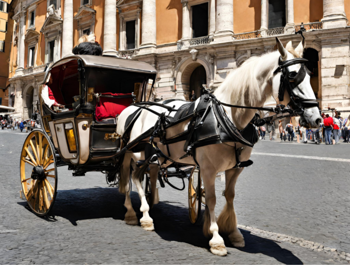 Cavallo con paramenti attaccato ad una botticella turistica a Roma - immagine creata con IA