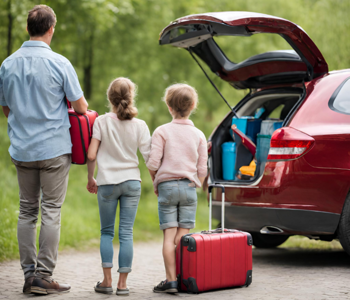 8 dicembre - un papà con i due figli vestono abbigliamento invernale, sono di schiena e di fianco a loro c'è una valigia rossa e un' auto con il baule aperto già riempito con altri zaini e borse pronti per la partenza