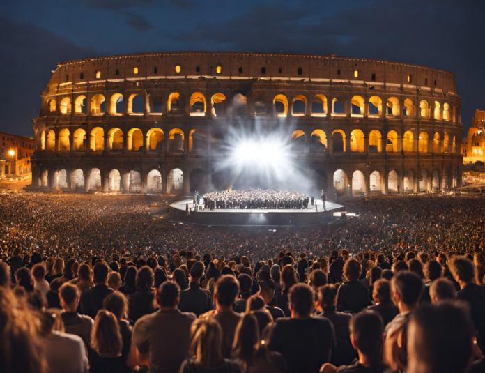 Roma Music Festival - nella foto sullo sfondo il colosseo illuminato e davanti un palco con tanta gente sopra e il pubbllco
