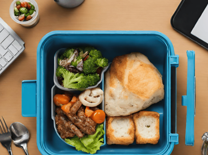 un brcchino su una scrivania contenitore azzurro con cibo dentro tra laptop e fogli