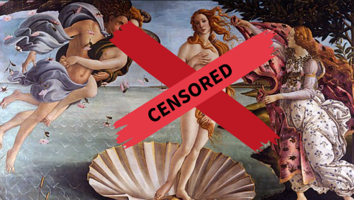 venere del botticelli con la scritta rossa censura con lettere in nero