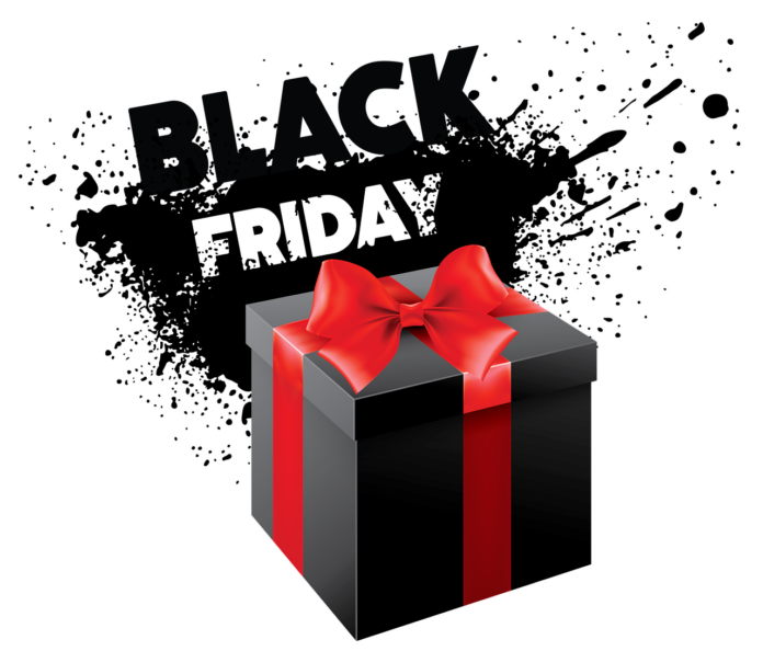 Shopping e black friday - una scatola regalo nera con fiocco rosso e la scritta 