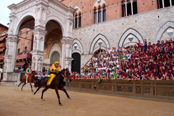 Palio di Siena - un cavallo con fantinovestito di giallo core per la strada con tanta gente sugli spalti che lo guarda