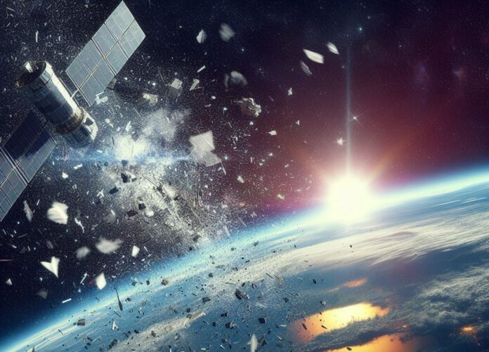 Rifiuti spaziali ruotano intorno ad un satellite e si dirigono verso il pianeta Terra - Immagine creata con IA Bing