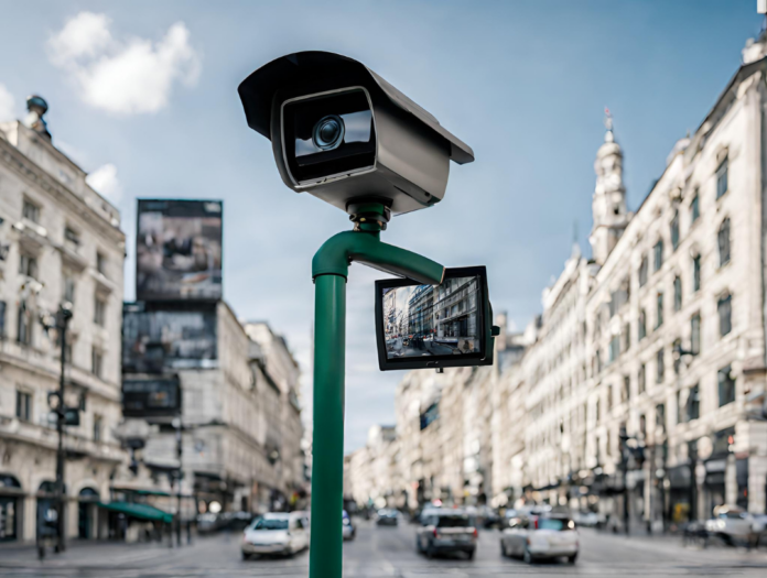 Una telecamera al centro di una via e sullo sfondo auto che viaggiano e palazzi