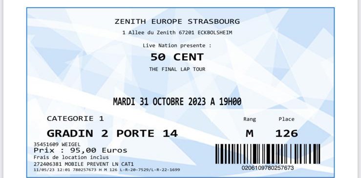 50 cent - il bilgietto d'ingresso relativo al concerto di Strasburgo