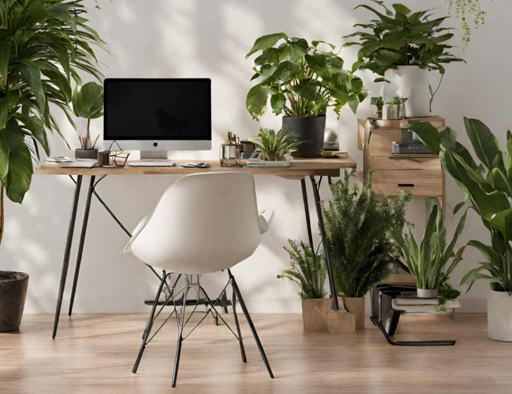 piante ovunque in un ufficio con scrivania e computer, sedia bianca