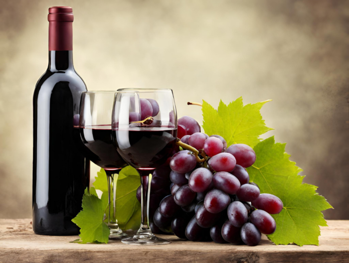 bottiglia di vino rosso, un grappolo d'uva rossa e un bocchiere di vino con vino rosso
